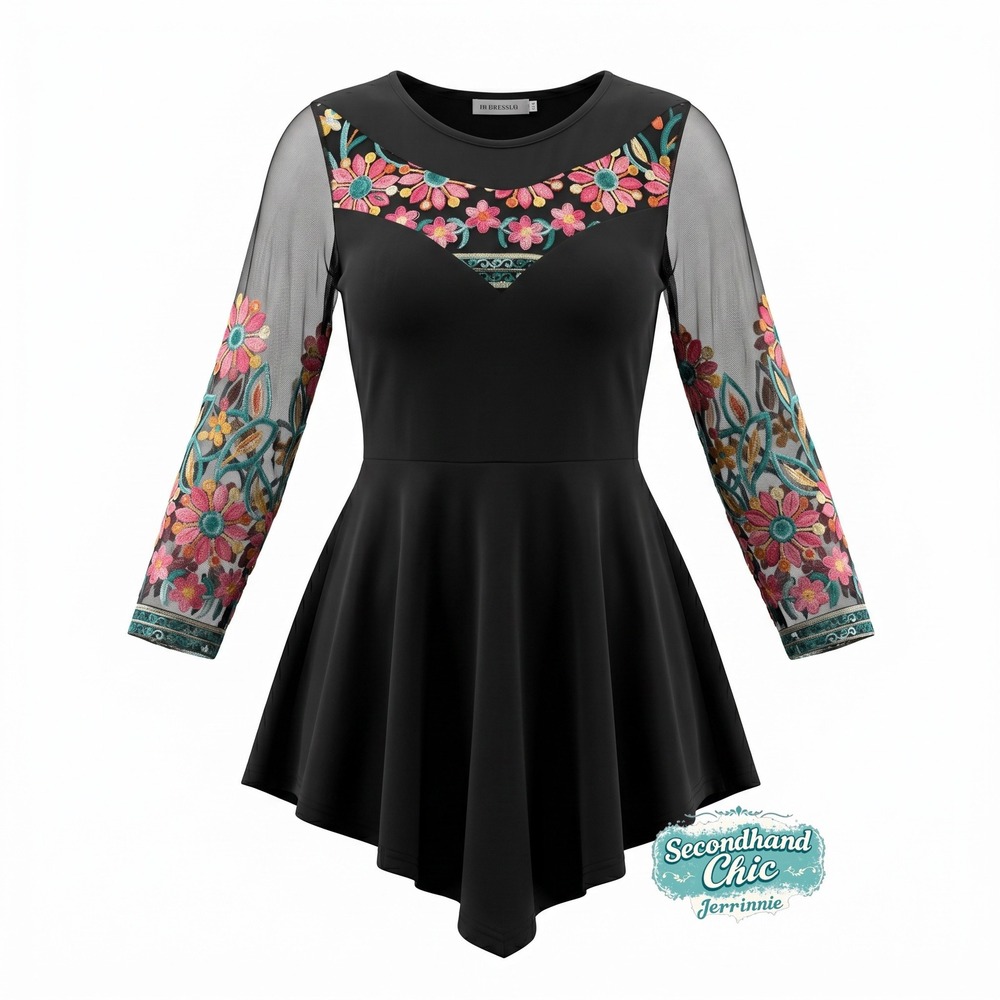 MiDressfo Black Floral Embroidered Mesh Sleeve‎ Peplum Top Blouse Womens Size 6